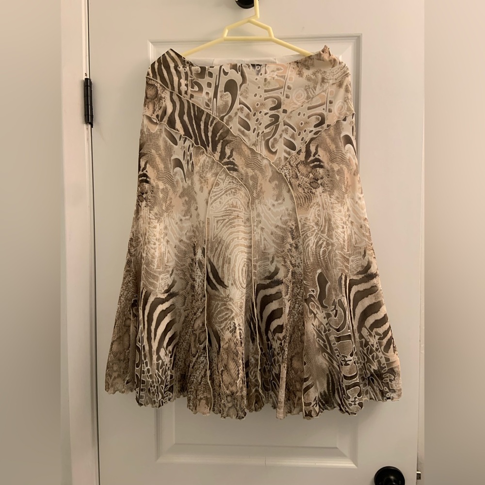 Brown and White Pleated Fit and Flare Skirt